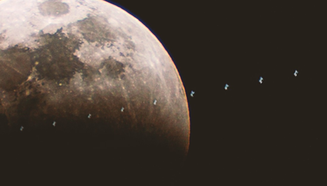The International Space Station crossing the face of the Moon — detail at one to one